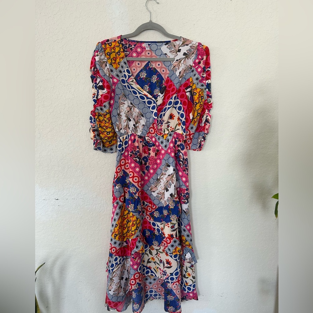 Lapis Multicolor Patchwork Midi Dress - Pink, Blue, Yellow